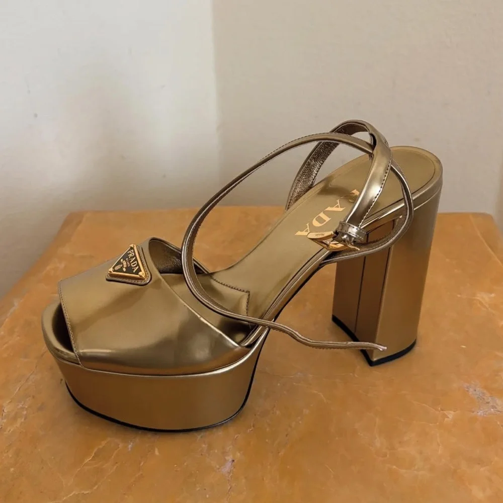 Prada Gold Platform logo Heels for Women 38.5 - Picture 6 of 11
